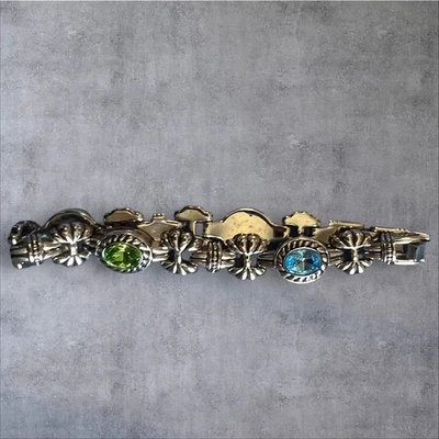 Silver Tone Link Bracelet Pink & Amber Glass Ovals Concho/Boho 7–7.5” Foldover - Image 1 of 4