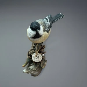 VINTAGE Black-Capped Chickadee Bird Perched On a Tree Stump With a Pine Cone - Picture 1 of 6