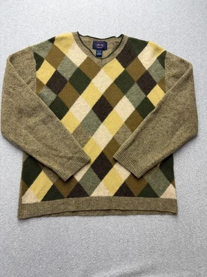 Suéter masculino Allen Solly grande verde marrom argila gola V pulôver de lã Shetland - Imagem 1 de 4