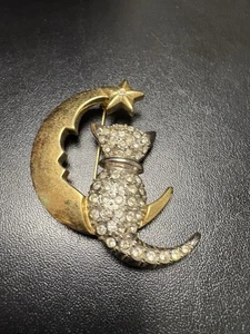 Vintage Multi Tone Moon & Kitty Cat Brooch Rhinestone Gold Tone - Picture 1 of 7