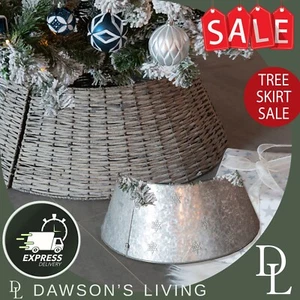 Christmas Tree Skirt Wicker or Metal Round - Rattan/Silver Steel Trunk Surround - Picture 1 of 16