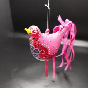 Figural Glass Bird Christmas Ornament Pink Ribbon Tail Polka Dots Flowers  - Picture 1 of 18