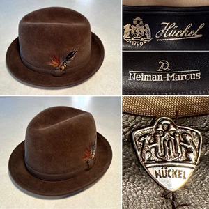 New HUCKEL Brown Rabbit Fur Felt Men's Size Med/Lg Homburg Fedora Feathered Hat - Picture 1 of 17