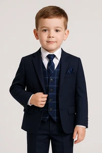 Designer Page Boys Wedding Navy Blue suit with Navy Tweed Check Waistcoat Set - Picture 1 of 15