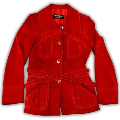 Винтажный 70-х кирпич оранжевый замши кожаная куртка подпоясанный Уругвай женщин средний - Изображение 1 из 4