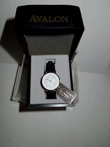 NIB Avalon Italian Numeral Unisex Quartz Watch Black Strap/Goldtone Setting - Picture 1 of 2