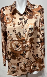 Elie Tahari Women Small P Satin Finish Blouse Beach Brown Roses Floral New NWT - Picture 1 of 8