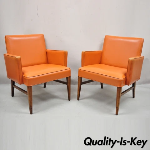 Mid Century Modern Jens Risom Style Orange Vinyl Club Lounge Chair - a Pair Cover