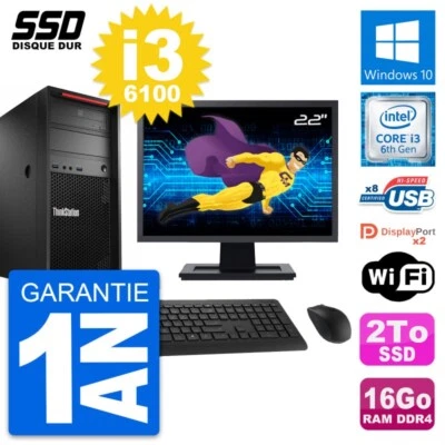 PC tour LENOVO P310 MT Pantalla 22" Intel i3-6100 RAM 16Go SSD 2To Windows 10 Wi - Imagen 1 de 4
