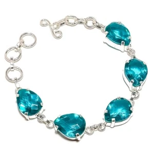 Natural Apatite Gemstone Chain Blue Bracelet 925 Sterling Silver Indian Jewelry - Picture 1 of 8