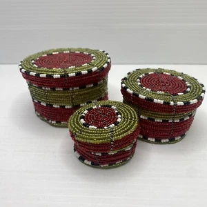 Handmade Set Seed Bead Trinket Boxes Nesting Jewelry Woven Red Green x 3 - Picture 1 of 12