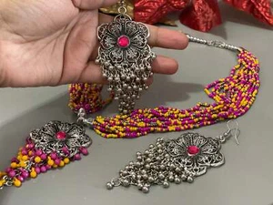 Halskette & große Ohrringe handgefertigte Samenperle Boho Schmuck - Bild 1 von 8