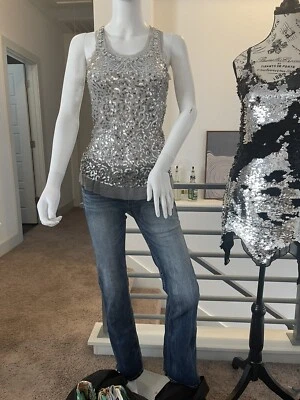 Lipstick Vintage Tank Top Womens Small Sequin Gemstones Stretch Sexy Silver Y2K - Image 1 of 4