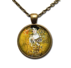 Gustav Klimt's Vintage Adele Bauer Golden Woman Handmade Glass Pendant Necklace - Picture 1 of 10