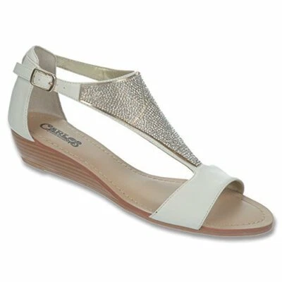 NUEVAS SANDALIAS CUÑA CARLOS SANTANA CUERO BLANCO ADORNADAS TALLA 8.5 M  Foto 1 de 4