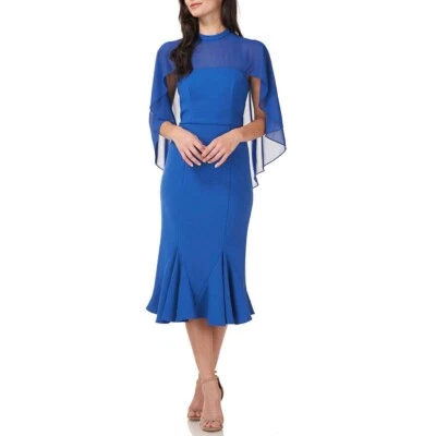 JS COLLECTIONS CHIFFON CAPELET CREPE STRETCH MIDI SAPPHIRE BLUE DRESS sz  12 - Image 1 of 2