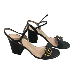 Gucci Black Leather Double G Block Heel Sandals Size 37 - Picture 1 of 13