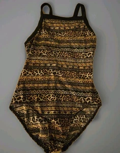 Miraclesuit Badeanzug Einteiler Schwarz & Gold Print Schlankmacher Größe 10 Hochgeschlossen - Bild 1 von 4