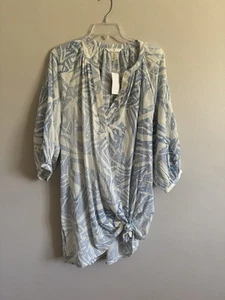 NWT H & M Palm Frond Kaftan Size M Light Blue Cotton Linen - Picture 1 of 8