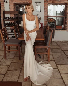 Reißverschluss Rücken Perlen Perlen Taille Weich Satin Meerjungfrau Hochzeitskleid Vestido - Bild 1 von 10