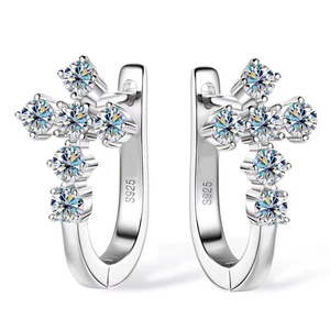 Round Moissanite Cross Hoop Huggie Earrings 925 Sterling Silver Pass Tester GRA - Picture 1 of 9
