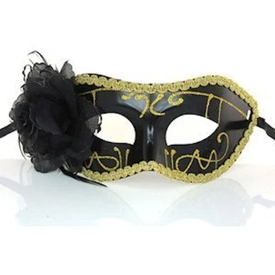 Black Masquerade Mask Venetian Style Layered Flower Glitter Satin Ribbon Party - Image 1 of 4