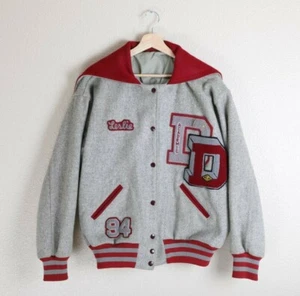 Vintage Grey & Burgundy Hooded Letterman Jacket w/ Indians Chenille Patch Sz 44 - Picture 1 of 12