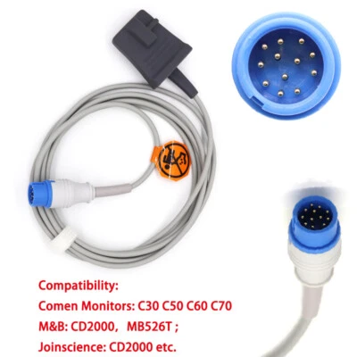 Adult Finger Soft-tip SpO2 Sensor 12pin 9.8ft Fit For Comen Monitors C30 C50 C70 - Image 1 of 4