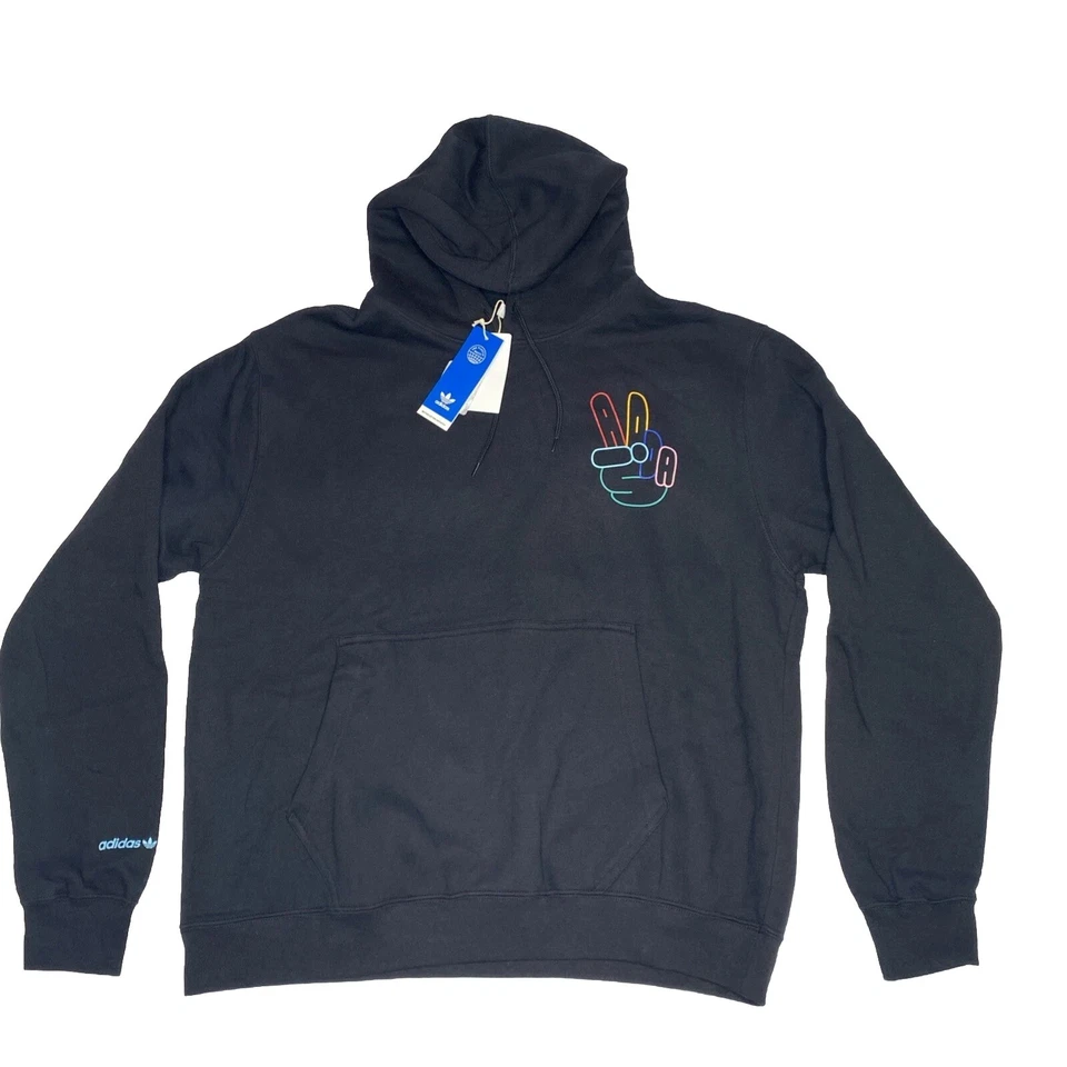 Adidas Hoodie Mens Large Black Sweatshirt Originals OG Peace Sign Trefoil HC1789