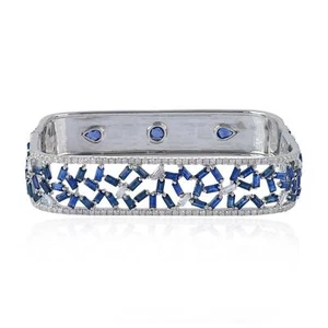 7.39ct Sapphire Baguette Diamond Bangle Bracelet 18k White Gold - Picture 1 of 6
