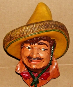 Vintage Chalkware Pancho Head Mexican Man Smoking Cigar Wall Decoration Sombrero - Picture 1 of 13