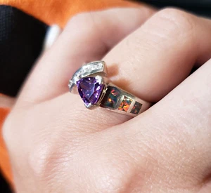 Vintage Sterling Silver Amethyst Opal Inlay Ring Womens Size 9.5 Trillion Boho - Picture 1 of 7