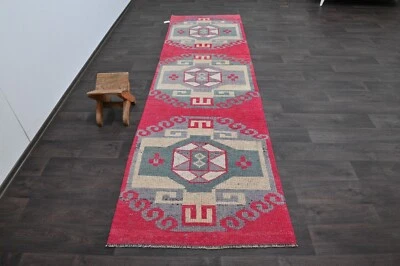 Vintage Turkish Runner Rug 3x11ft Wool Anatolian Handmade Hallway Oushak PINK - Image 1 of 4