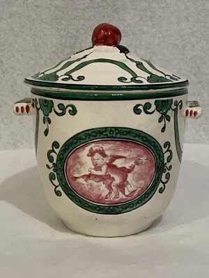 Antigua guirnalda verde de natillas/azúcar con tapa de FRANCIA rosa rondel querubín Foto 1 de 4