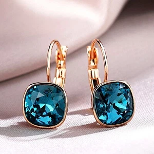 Deep sea blue cushion made with SWAROVSKI crystal 18k rose gold gf hoop earrings - Picture 1 of 4