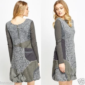 Mujer Túnica Patchwork Manga Larga Midi Mezcla Gris Vestido Talla S M L XL / 476 - Imagen 1 de 2