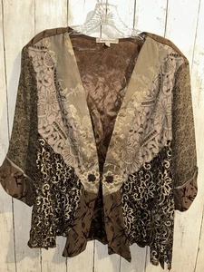 Spencer Alexis Brown Purple Gold Floral Crepe Kimono Cardigan Jacket XL - Picture 1 of 6
