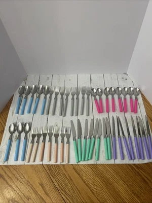 46 Lot Molinox Stainless Silverware Several Colors W/Plastic Handles - Image 1 of 4