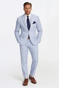 Emigre Classic Fit Blue Striped Two Button Cotton Seersucker Suit - Picture 1 of 5
