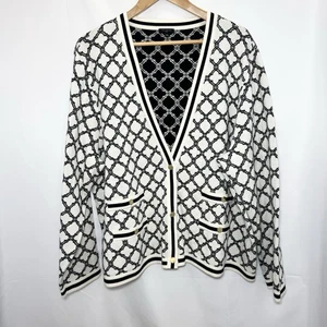 Talbots V-Neck Cardigan 3X Black White Medallion Lattice Jacquard Gold Buttons - Picture 1 of 11
