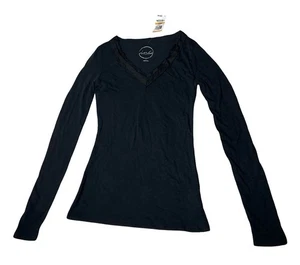Neu mit Etikett INC Damen-T-Shirt tief gerafft V-Ausschnitt Gr. Small schwarz Langarm tailliert Oberteil - Bild 1 von 12