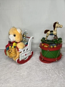 Lot 2 Vintage Wooden Christmas Music Boxes Drum Rocking Chair Bear Horse Present - Picture 1 of 16