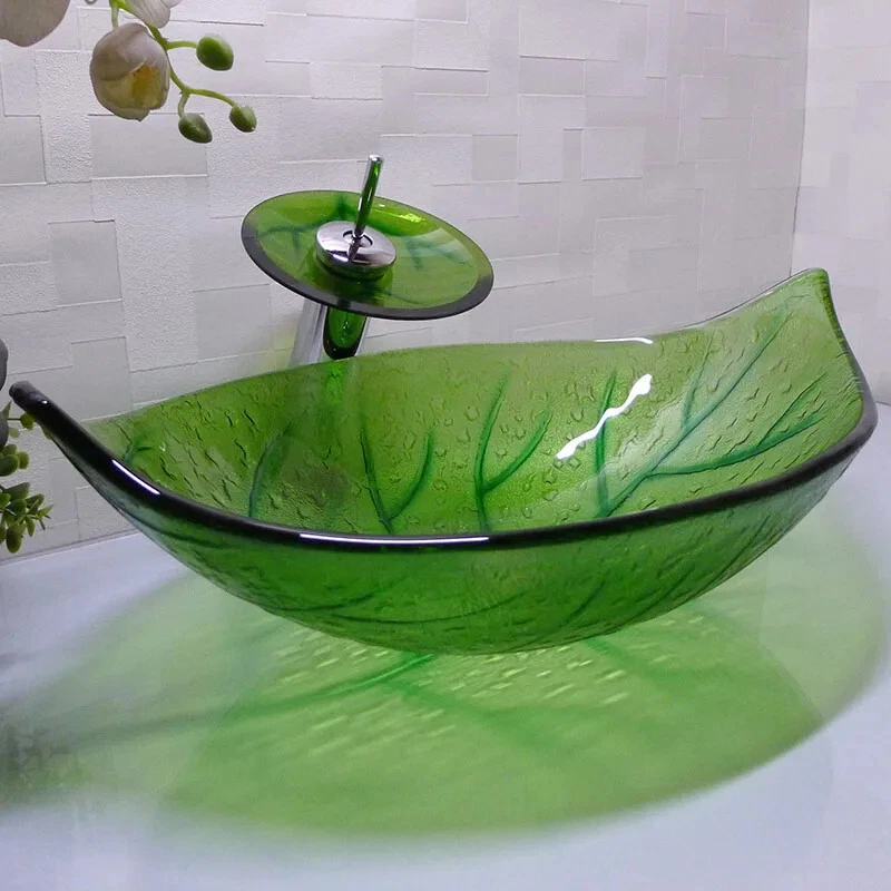Leaf Shape Cloakroom Tempered Glass Basin Bathroom Green Counter Top Sink HX015 - Image 1 of 4