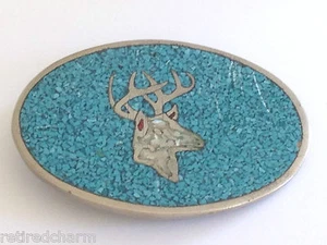 ❤Hebilla de cinturón occidental de ciervo con incrustación de nácar astillas turquesa vintage con caja❤ - Imagen 1 de 5