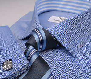 Blue Herringbone Business Dress Shirt Mens  Formal Striped Top Windsor Collar