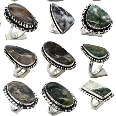 Natürlich Moos Achat 10 Stück Mix Größe Und Design Edelstein Versilbert Ringe - Bild 1 von 2