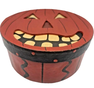 Halloween Jack O Lantern Primitive Folk Art Style Round Gift Storage Box 6" x 3" - Picture 1 of 8