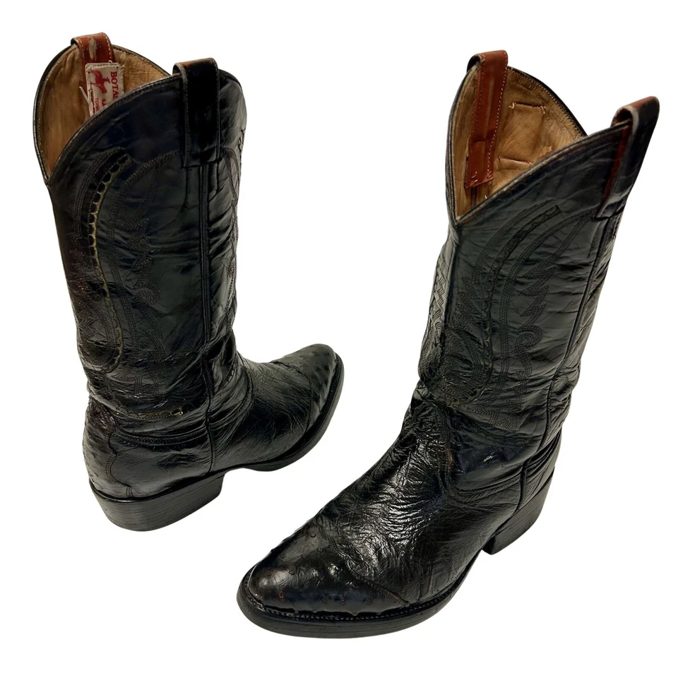 Botas ROCKABILLY vintage anos 70 masculinas Black Cherry Cowboy Western OSTRICH QUILL ponta de asa - Imagem 1 de 4