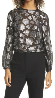 Club Monaco Metallic Pattern Sz Small Sheer Silk Blend Blouse Top Black / Silver - Image 1 of 4
