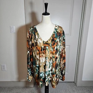 NWT Calvin Klein Top Blouse Women 3X Abstract Stretch Long Sleeve Green Brown - Picture 1 of 17